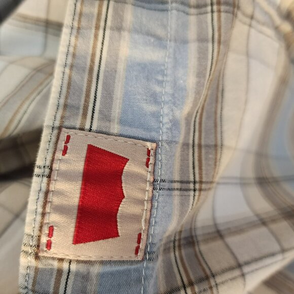 Levi’s XL Western Plaid Pearl Snap Short Sleeve Shirt Blue Tan Pre-owned - Picture 7 of 7